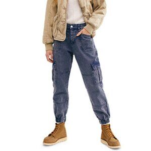 Free People Women's Platoon Cargo Pants in Blue Denim Jean Size Small